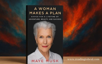 Book cover of "A Woman Makes a Plan" by Maye Musk, featuring a portrait of Maye Musk with silver hair and a confident expression against a dark, artistic background.