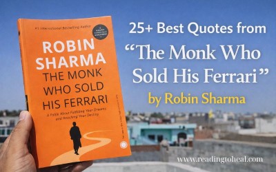 A person holding the book The Monk Who Sold His Ferrari by Robin Sharma against a blue sky background - 25+ best quotes collection.